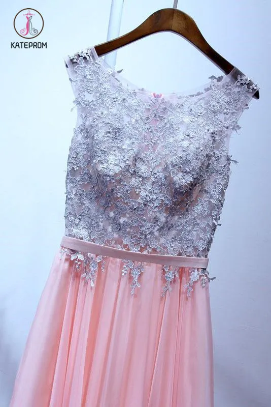 A Line Sleeveless Chiffon Long Appliqued Prom Dress, Pink Formal Dresses KPP0519