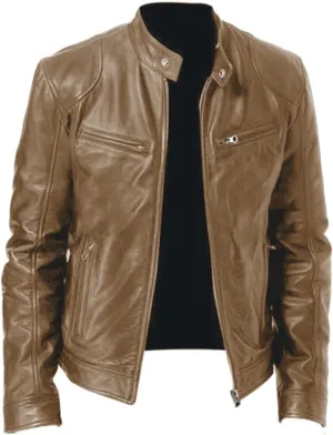 GOFULY Leather Jacket Men Streetwear Zip Up Stand Collar Jackets Faux Leather Motocycle Coats Casual Outwear With Pockets