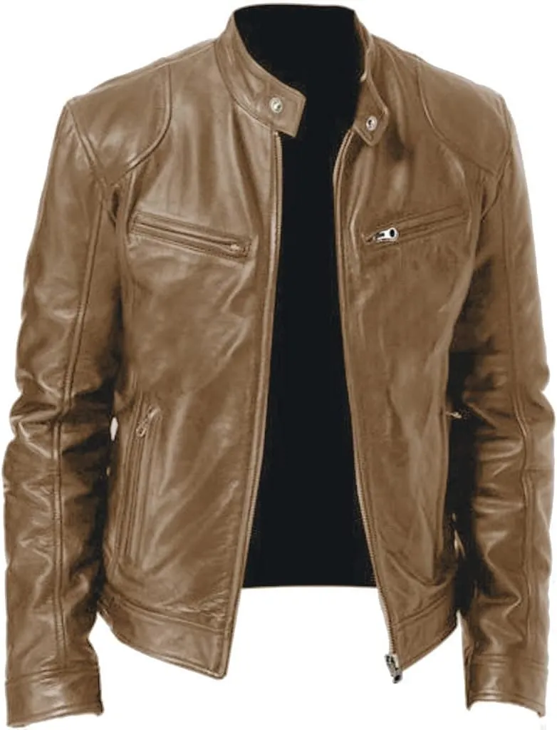 GOFULY Leather Jacket Men Streetwear Zip Up Stand Collar Jackets Faux Leather Motocycle Coats Casual Outwear With Pockets
