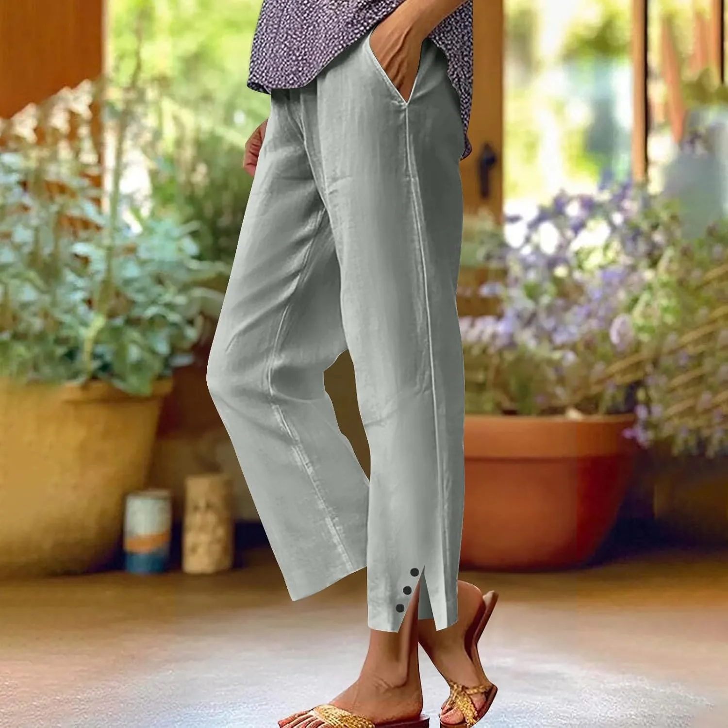 JOAU Cotton Linen Pants for Women 2025 Summer Casual Loose Elastic High Waisted Straight Leg Trousers Beach Vacation Clothes