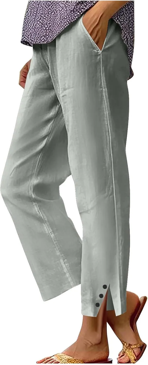 JOAU Cotton Linen Pants for Women 2025 Summer Casual Loose Elastic High Waisted Straight Leg Trousers Beach Vacation Clothes