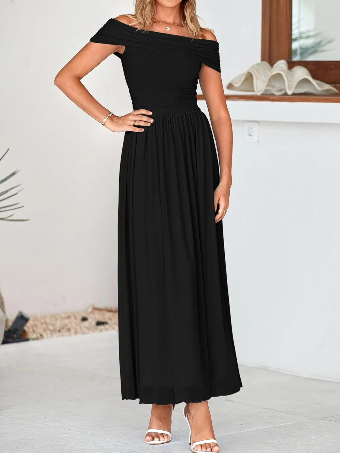 MASCOMODA Women Off The Shoulder Mesh Maxi Dress Bodycon Ruched Formal Sleeveless Pleated Cocktail Wedding Guest Long Dresses