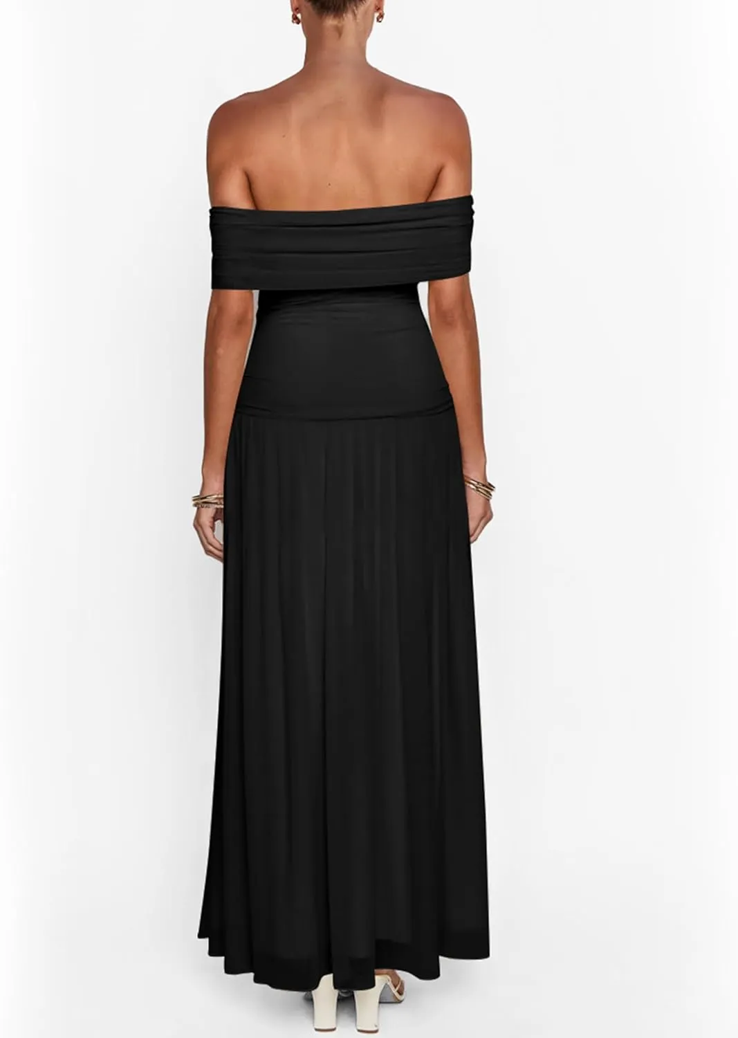 MASCOMODA Women Off The Shoulder Mesh Maxi Dress Bodycon Ruched Formal Sleeveless Pleated Cocktail Wedding Guest Long Dresses