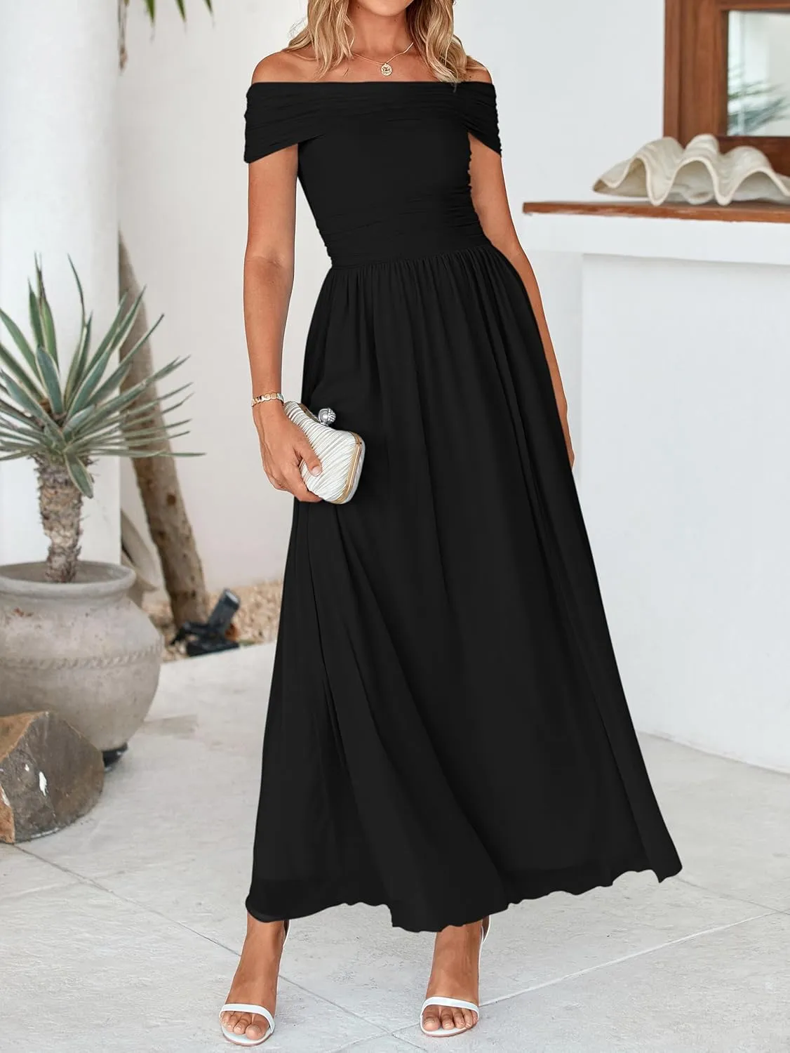 MASCOMODA Women Off The Shoulder Mesh Maxi Dress Bodycon Ruched Formal Sleeveless Pleated Cocktail Wedding Guest Long Dresses