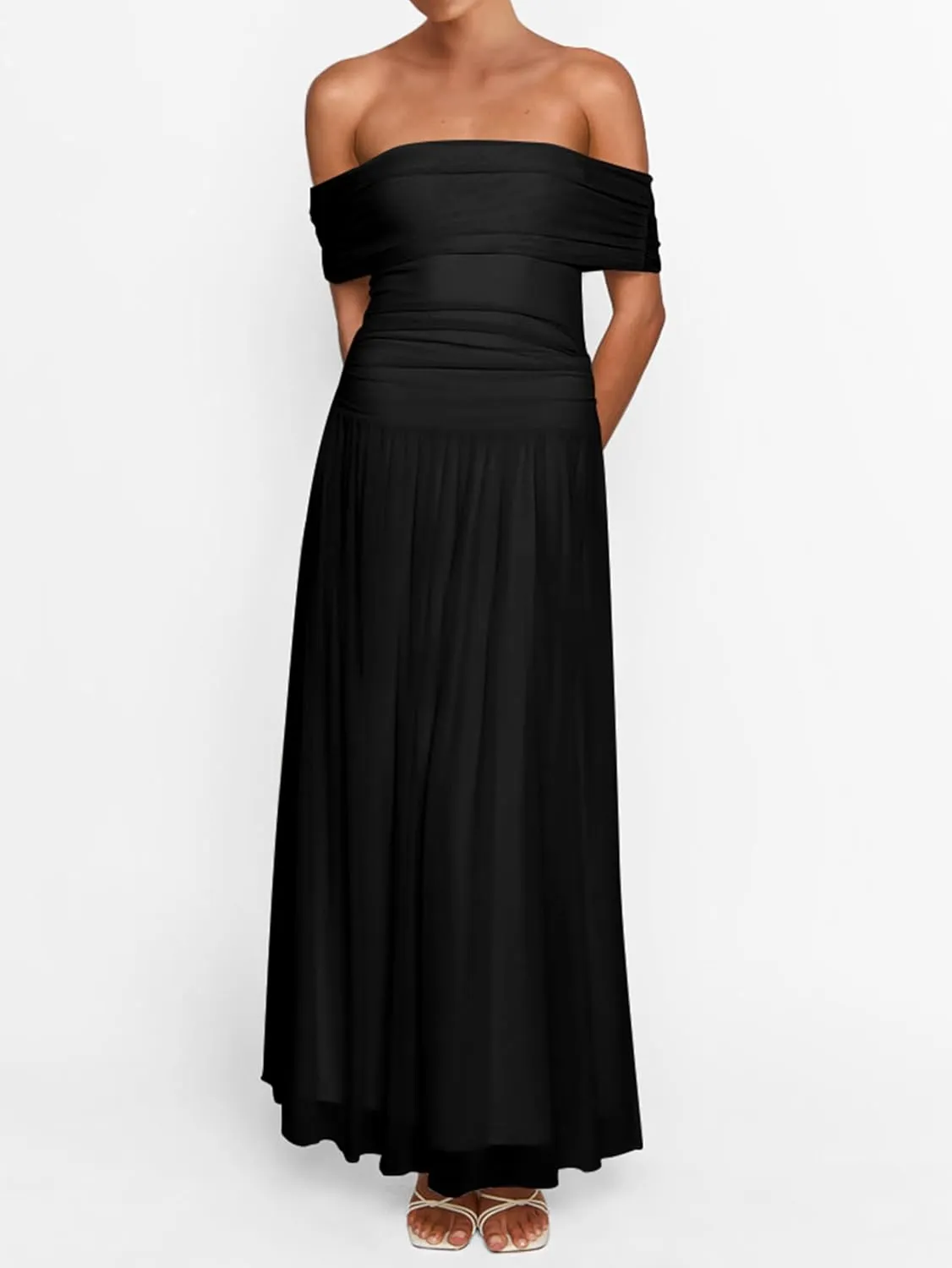 MASCOMODA Women Off The Shoulder Mesh Maxi Dress Bodycon Ruched Formal Sleeveless Pleated Cocktail Wedding Guest Long Dresses
