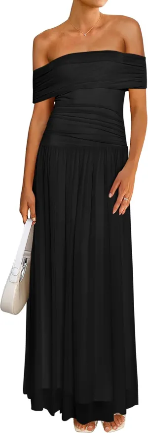 MASCOMODA Women Off The Shoulder Mesh Maxi Dress Bodycon Ruched Formal Sleeveless Pleated Cocktail Wedding Guest Long Dresses