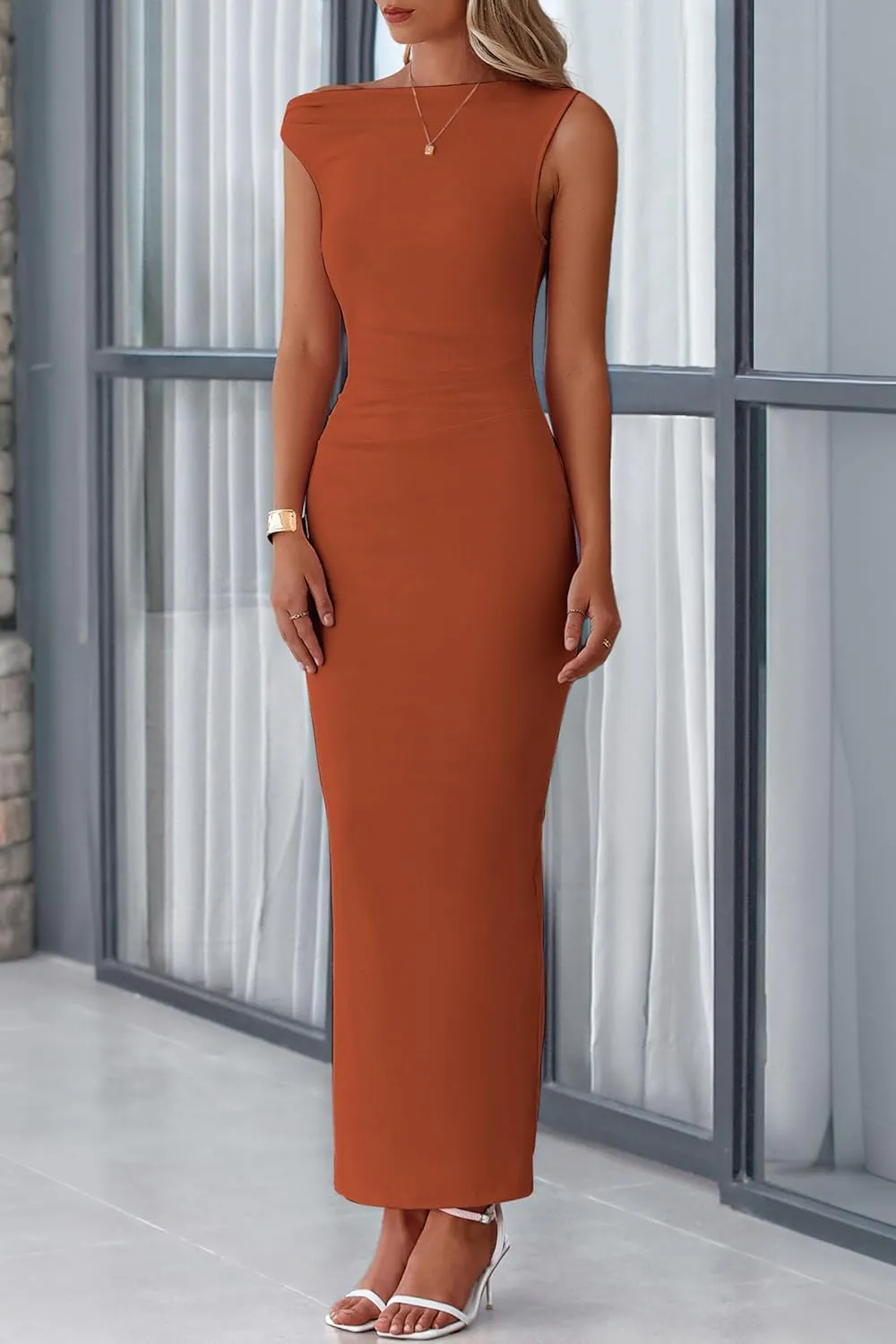 PRETTYGARDEN 2025 Women Summer Formal Maxi Dresses Sleeveless One Shoulder Bodycon Ruched Mesh Wedding Guest Cocktail Dress