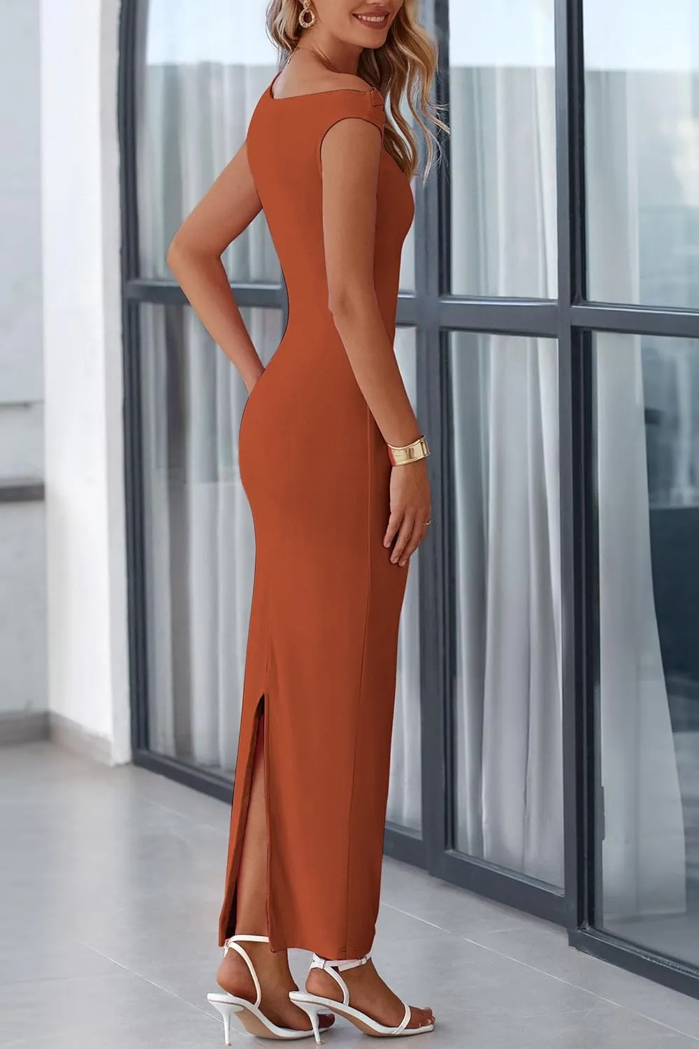 PRETTYGARDEN 2025 Women Summer Formal Maxi Dresses Sleeveless One Shoulder Bodycon Ruched Mesh Wedding Guest Cocktail Dress