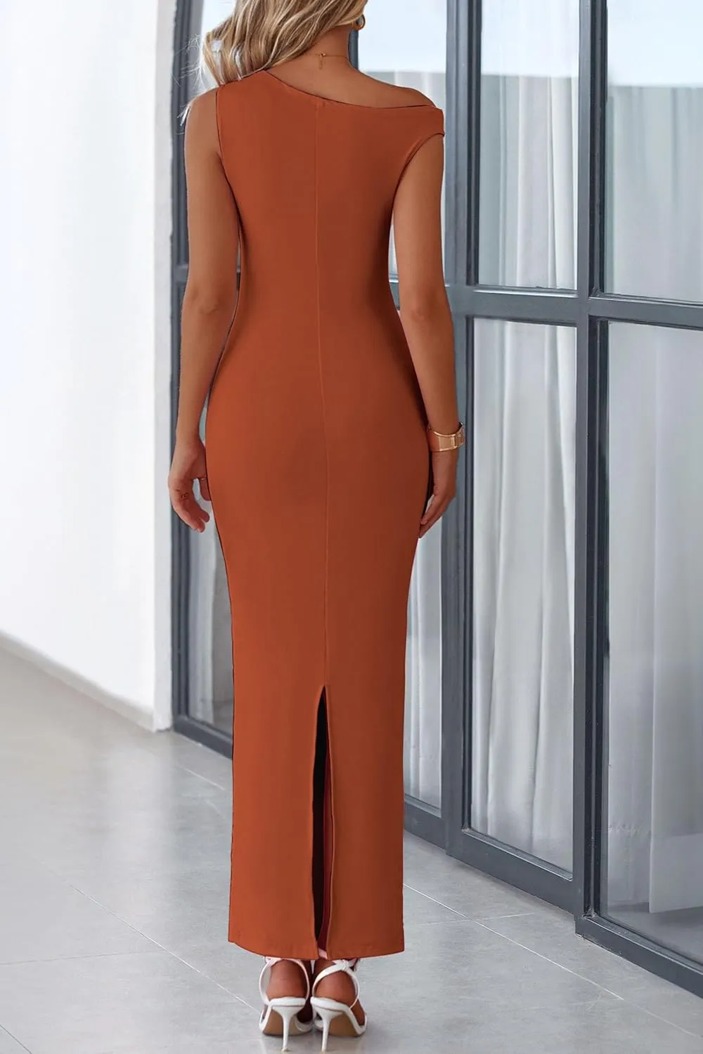 PRETTYGARDEN 2025 Women Summer Formal Maxi Dresses Sleeveless One Shoulder Bodycon Ruched Mesh Wedding Guest Cocktail Dress