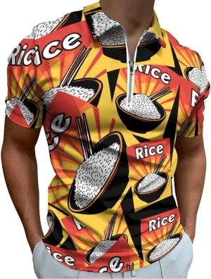 Rice Trendy Polo Shirts for Men Short Sleeve Lapel Collar Zipper T-Shirts Outdoor Sports