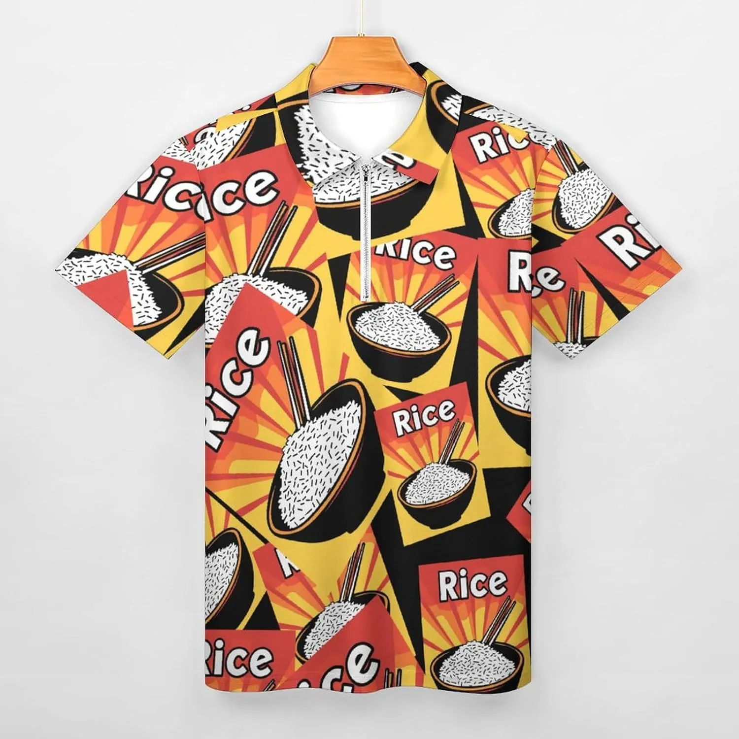Rice Trendy Polo Shirts for Men Short Sleeve Lapel Collar Zipper T-Shirts Outdoor Sports