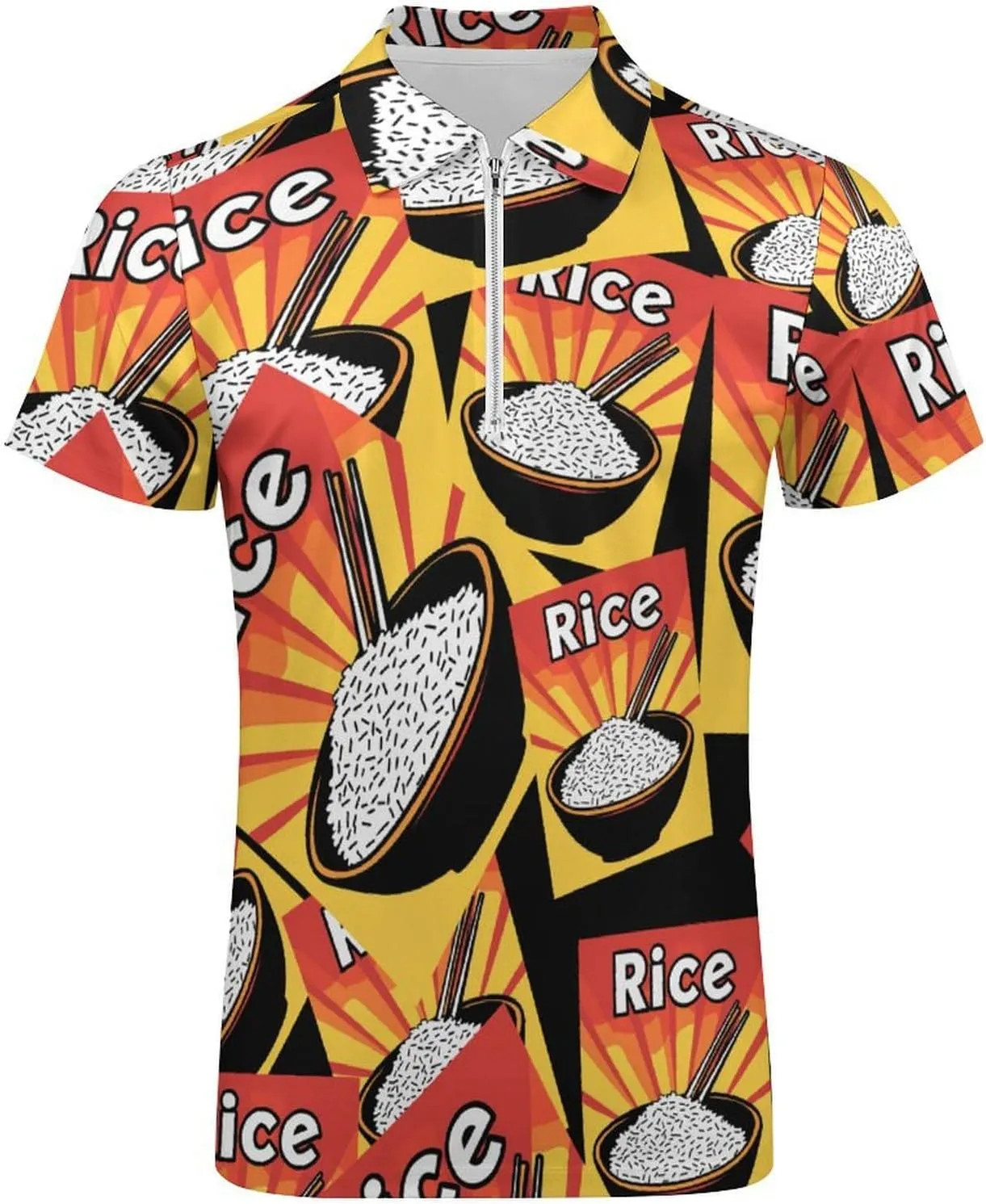 Rice Trendy Polo Shirts for Men Short Sleeve Lapel Collar Zipper T-Shirts Outdoor Sports