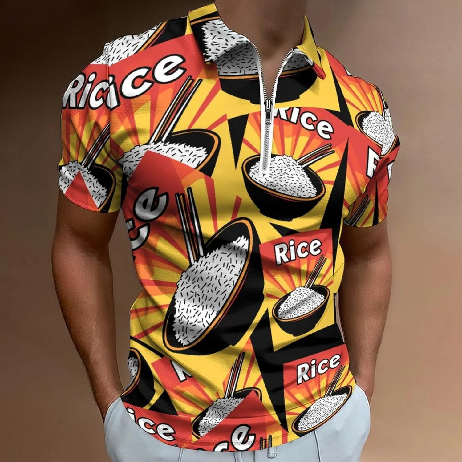 Rice Trendy Polo Shirts for Men Short Sleeve Lapel Collar Zipper T-Shirts Outdoor Sports