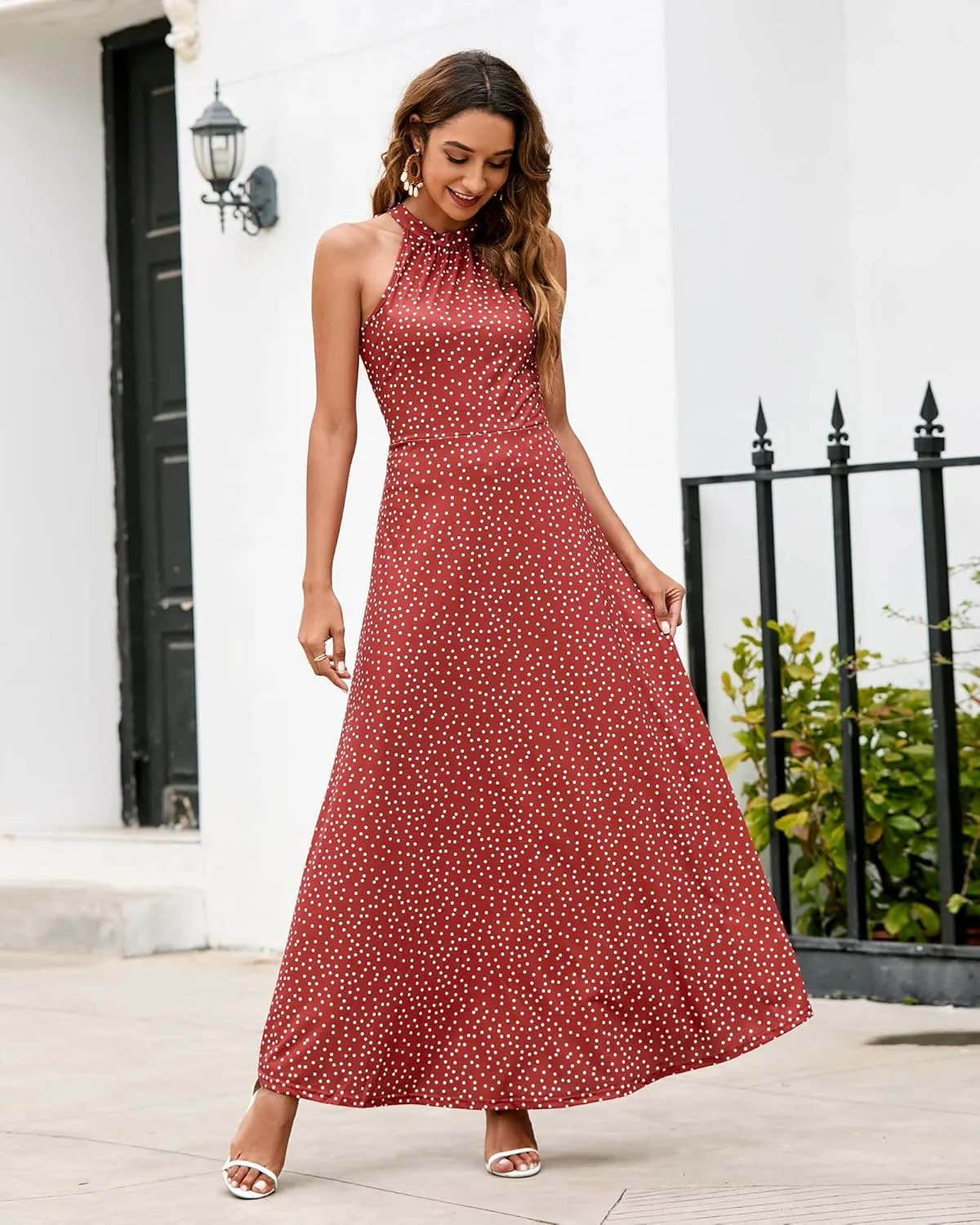 STYLEWORD Women's Summer 2025 Maxi Dress Floral Halter Neck Sexy Party Wedding Guest Long Formal Dress