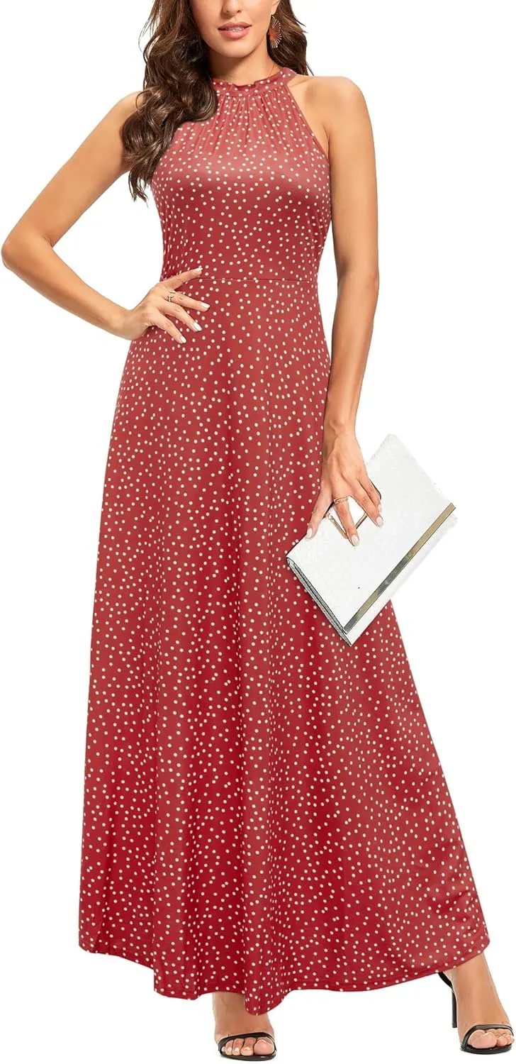 STYLEWORD Women's Summer 2025 Maxi Dress Floral Halter Neck Sexy Party Wedding Guest Long Formal Dress
