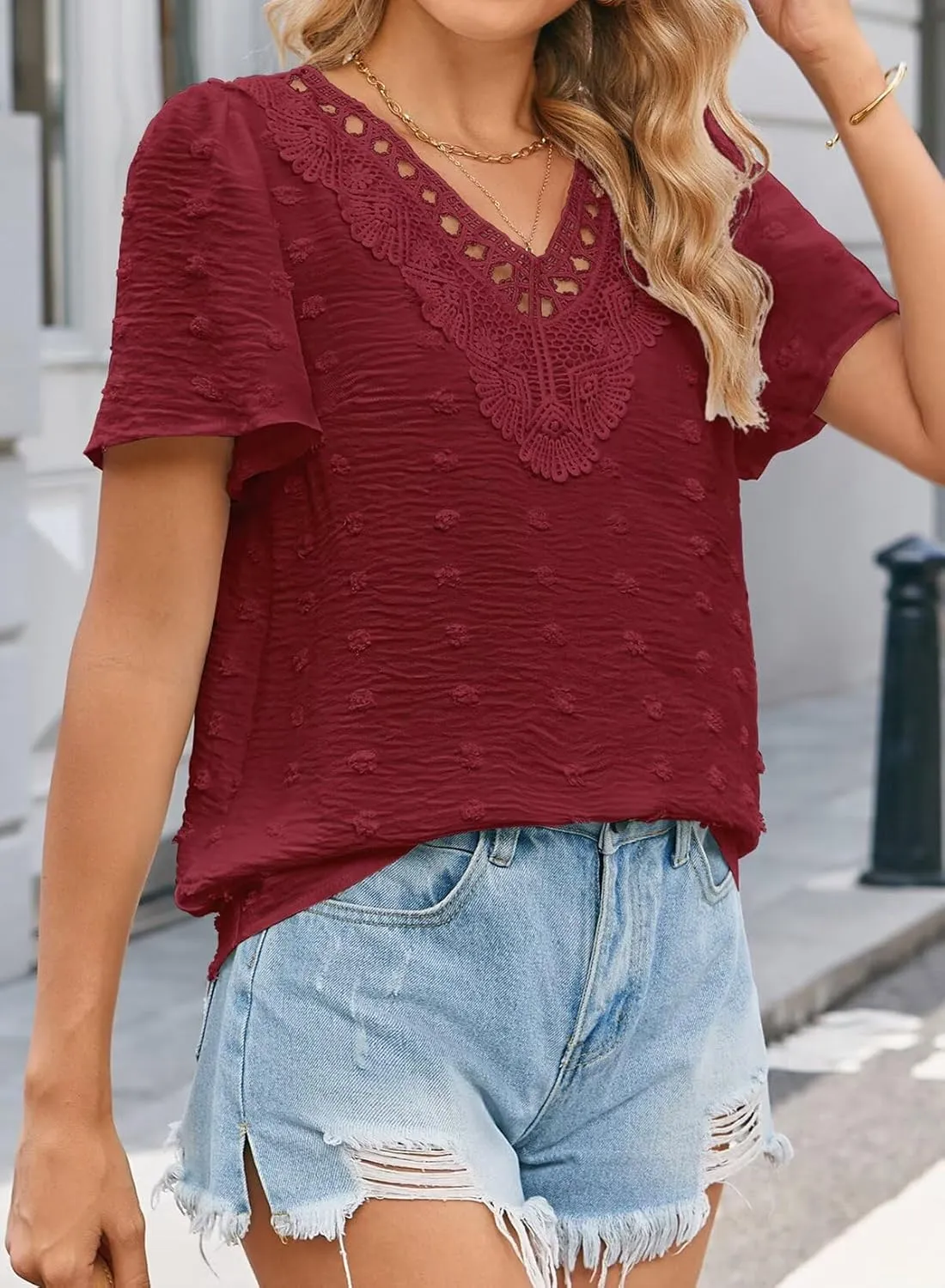 Summer Tops For Women 2025 Boho Swiss Dot Blouses Short Sleeve Shirts Flowy V Neck Casual Peasant Lace Hem Clothing