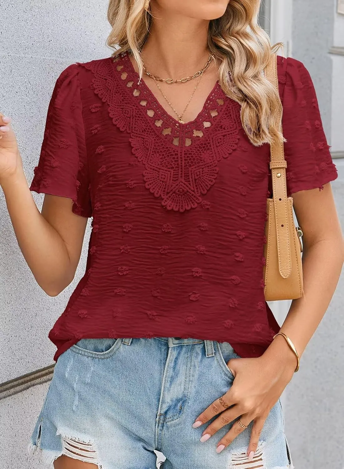 Summer Tops For Women 2025 Boho Swiss Dot Blouses Short Sleeve Shirts Flowy V Neck Casual Peasant Lace Hem Clothing