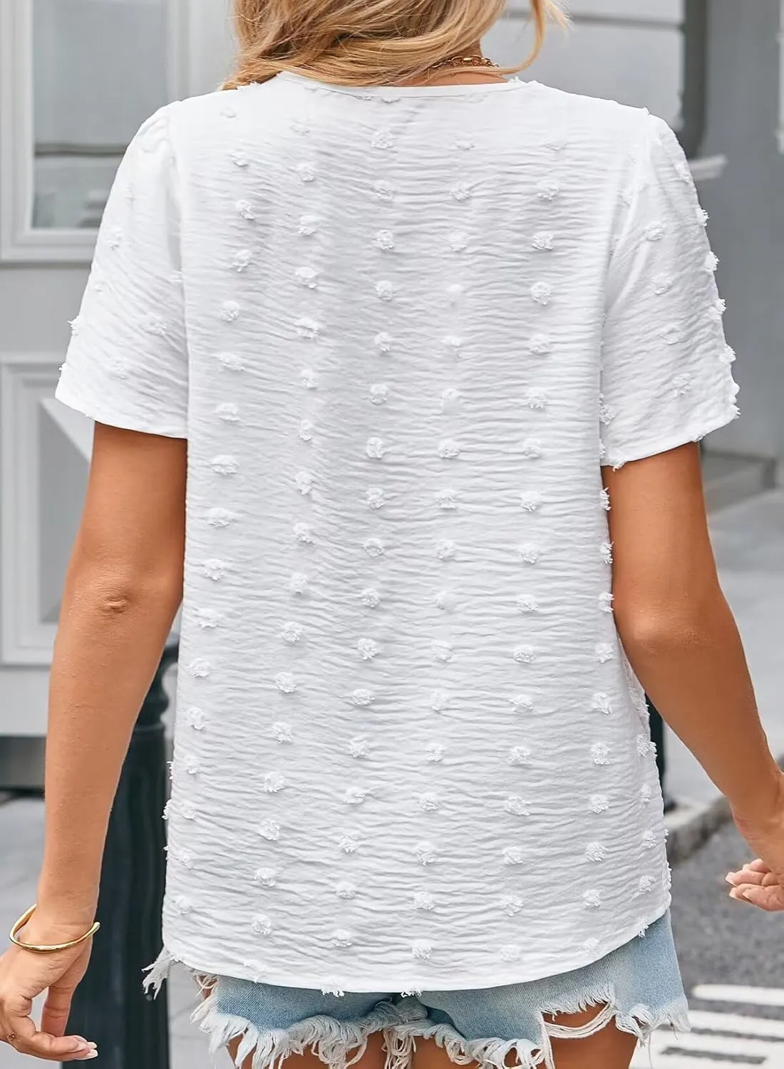 Summer Tops For Women 2025 Boho Swiss Dot Blouses Short Sleeve Shirts Flowy V Neck Casual Peasant Lace Hem Clothing