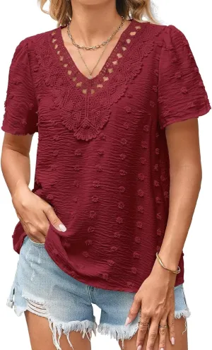Summer Tops For Women 2025 Boho Swiss Dot Blouses Short Sleeve Shirts Flowy V Neck Casual Peasant Lace Hem Clothing
