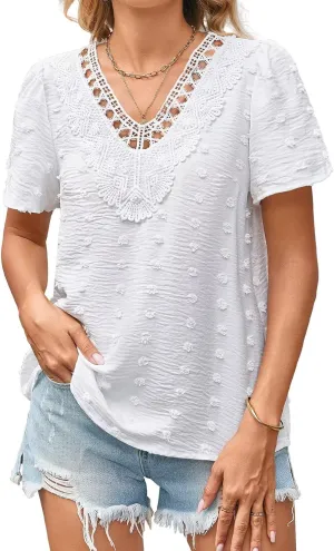 Summer Tops For Women 2025 Boho Swiss Dot Blouses Short Sleeve Shirts Flowy V Neck Casual Peasant Lace Hem Clothing