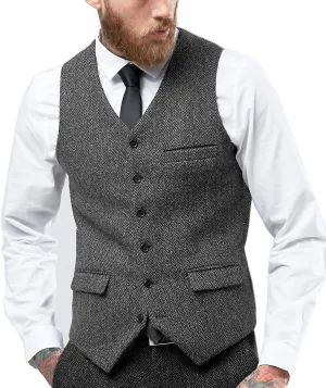 Tuikayoo Mens Herringbone Suits Vests Wool Business Tweed Retro Waistcoats Groomsman Slim Fit