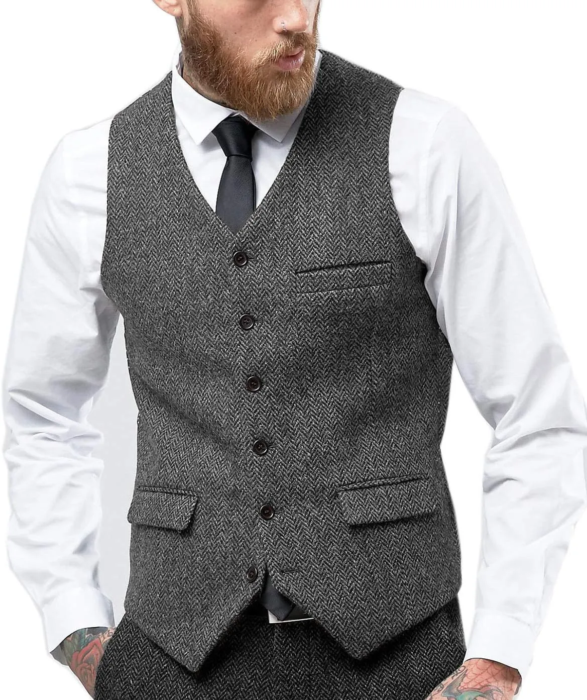 Tuikayoo Mens Herringbone Suits Vests Wool Business Tweed Retro Waistcoats Groomsman Slim Fit
