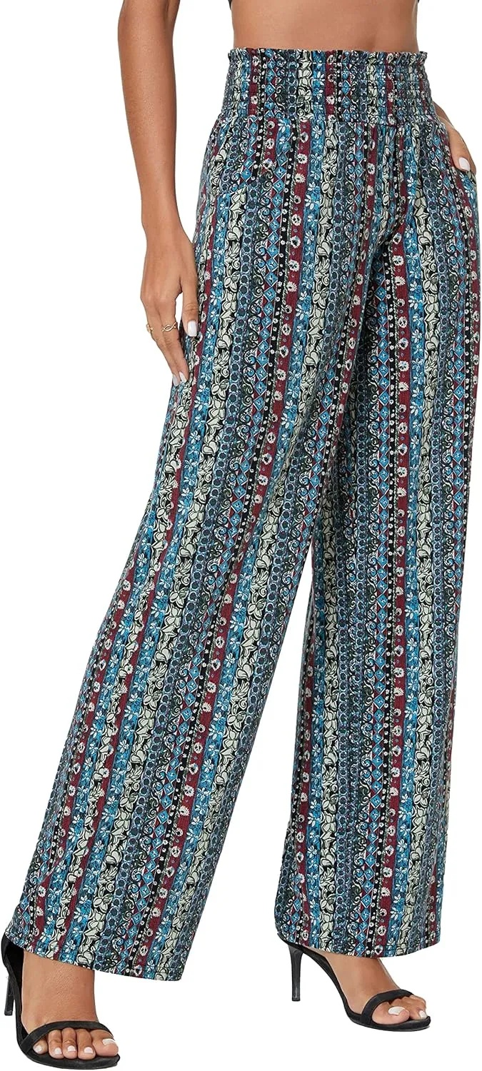 Urban CoCo Women's Boho Palazzo Pants Wide Leg Beach Pants High Waisted Lounge Pants with Pockets