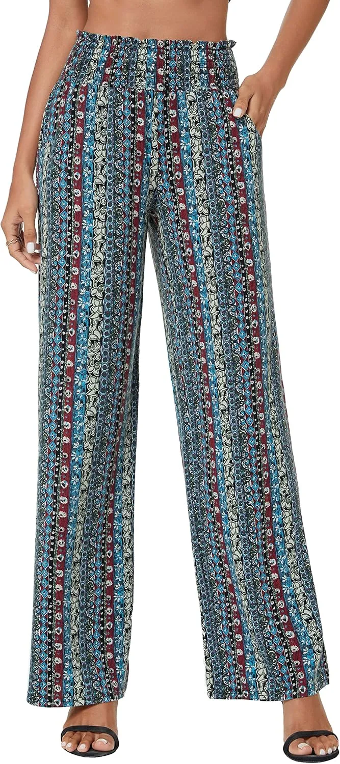 Urban CoCo Women's Boho Palazzo Pants Wide Leg Beach Pants High Waisted Lounge Pants with Pockets