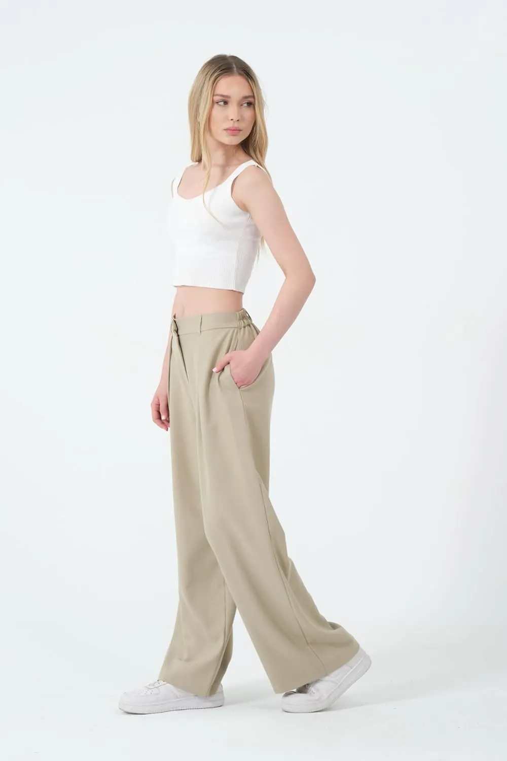 Wide Leg Work Pants Womens Elastic High Waisted Casual Office Dress Pants Trousers with Pocket Normal and Plus Size Slacks