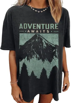 Women Adventure Awaits Shirt Outdoor Graphic Tee Hike Mountain Nature Travel Shirts Casual Workout Short Sleeve Tops