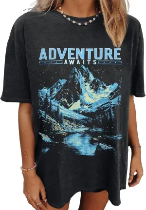Women Adventure Awaits Shirt Outdoor Graphic Tee Hike Mountain Nature Travel Shirts Casual Workout Short Sleeve Tops
