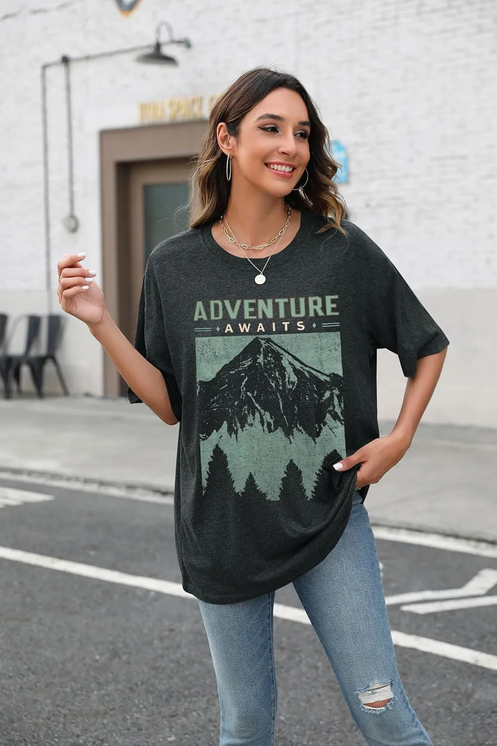 Women Adventure Awaits Shirt Outdoor Graphic Tee Hike Mountain Nature Travel Shirts Casual Workout Short Sleeve Tops