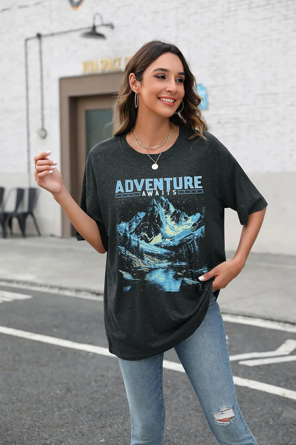 Women Adventure Awaits Shirt Outdoor Graphic Tee Hike Mountain Nature Travel Shirts Casual Workout Short Sleeve Tops