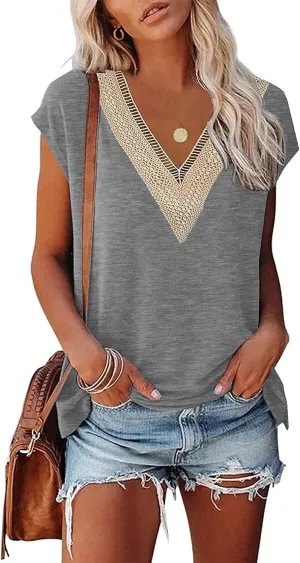 Womens Cap Sleeve Summer Tops 2025 Trendy Tank Tops Lace V Neck Loose Fit Shirts
