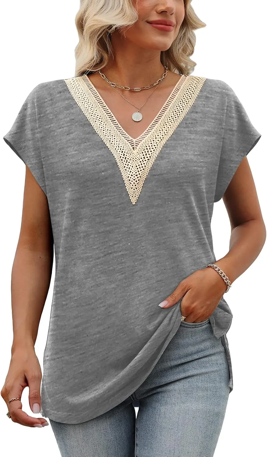 Womens Cap Sleeve Summer Tops 2025 Trendy Tank Tops Lace V Neck Loose Fit Shirts