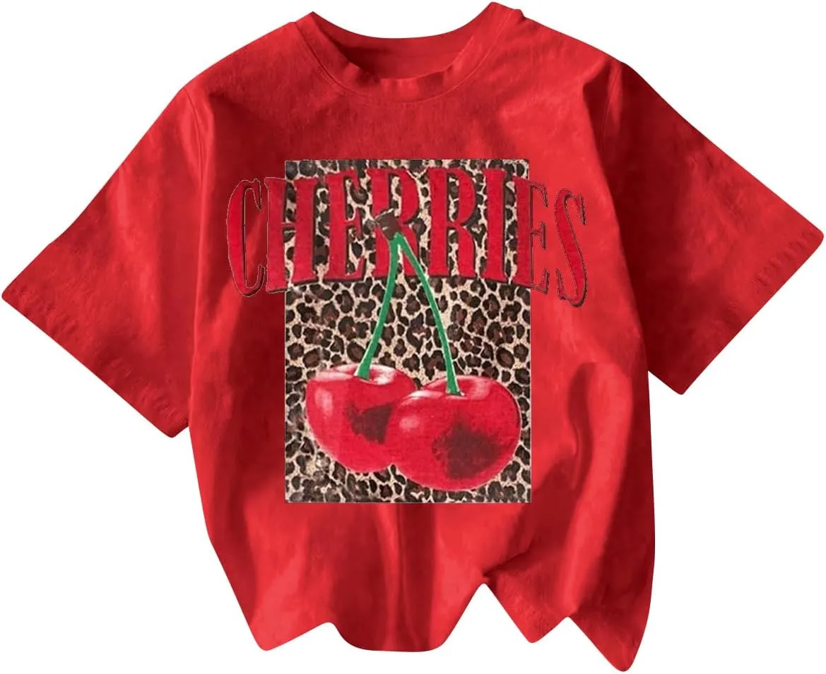 Women's Cherry Bow Graphic Tees Short Sleeve Crew Neck Summer T Shirt Tops for Women Trendy