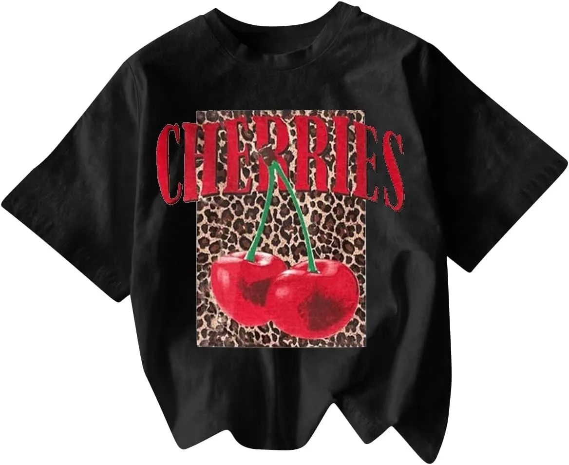 Women's Cherry Bow Graphic Tees Short Sleeve Crew Neck Summer T Shirt Tops for Women Trendy