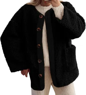 Women's Warm Winter Coats Casual Long Sleeve Button up Fuzzy Sherpa Fleece Jackets Outerwear
