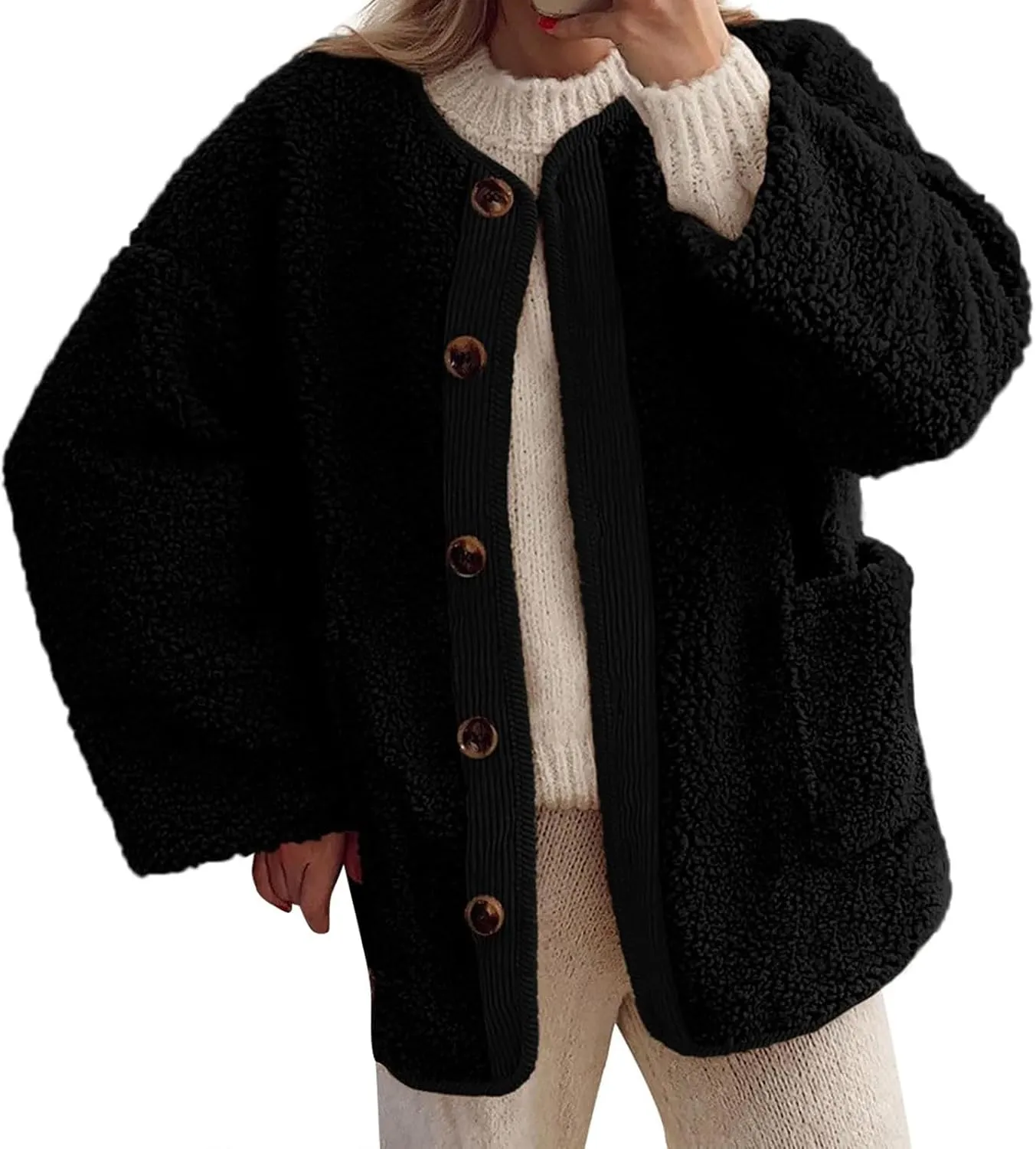 Women's Warm Winter Coats Casual Long Sleeve Button up Fuzzy Sherpa Fleece Jackets Outerwear