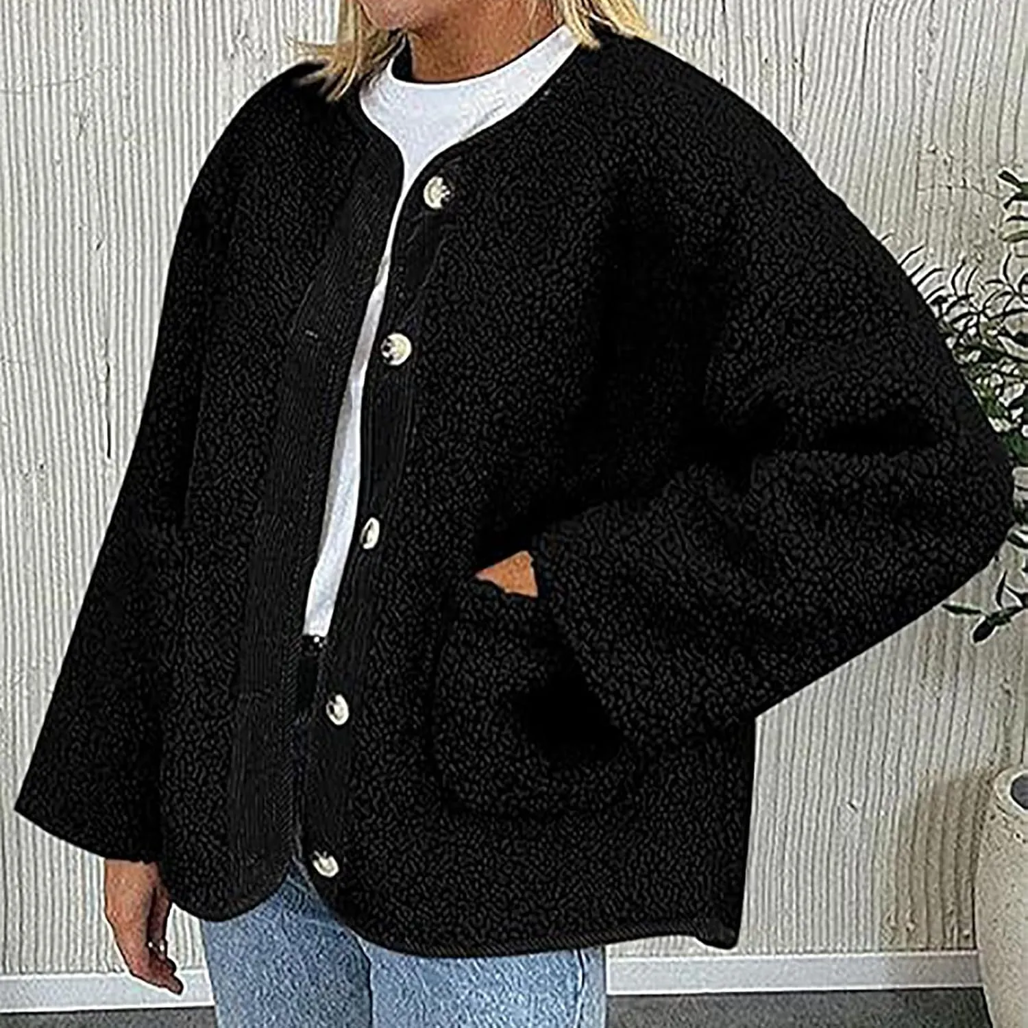 Women's Warm Winter Coats Casual Long Sleeve Button up Fuzzy Sherpa Fleece Jackets Outerwear