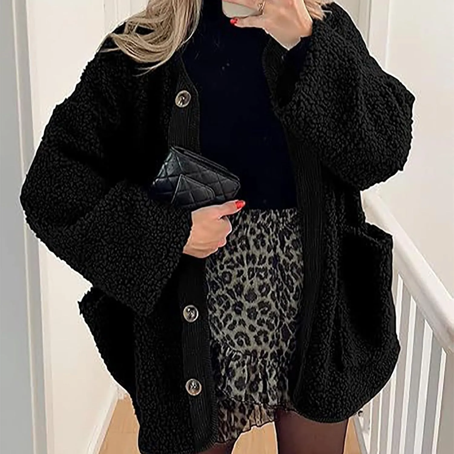 Women's Warm Winter Coats Casual Long Sleeve Button up Fuzzy Sherpa Fleece Jackets Outerwear