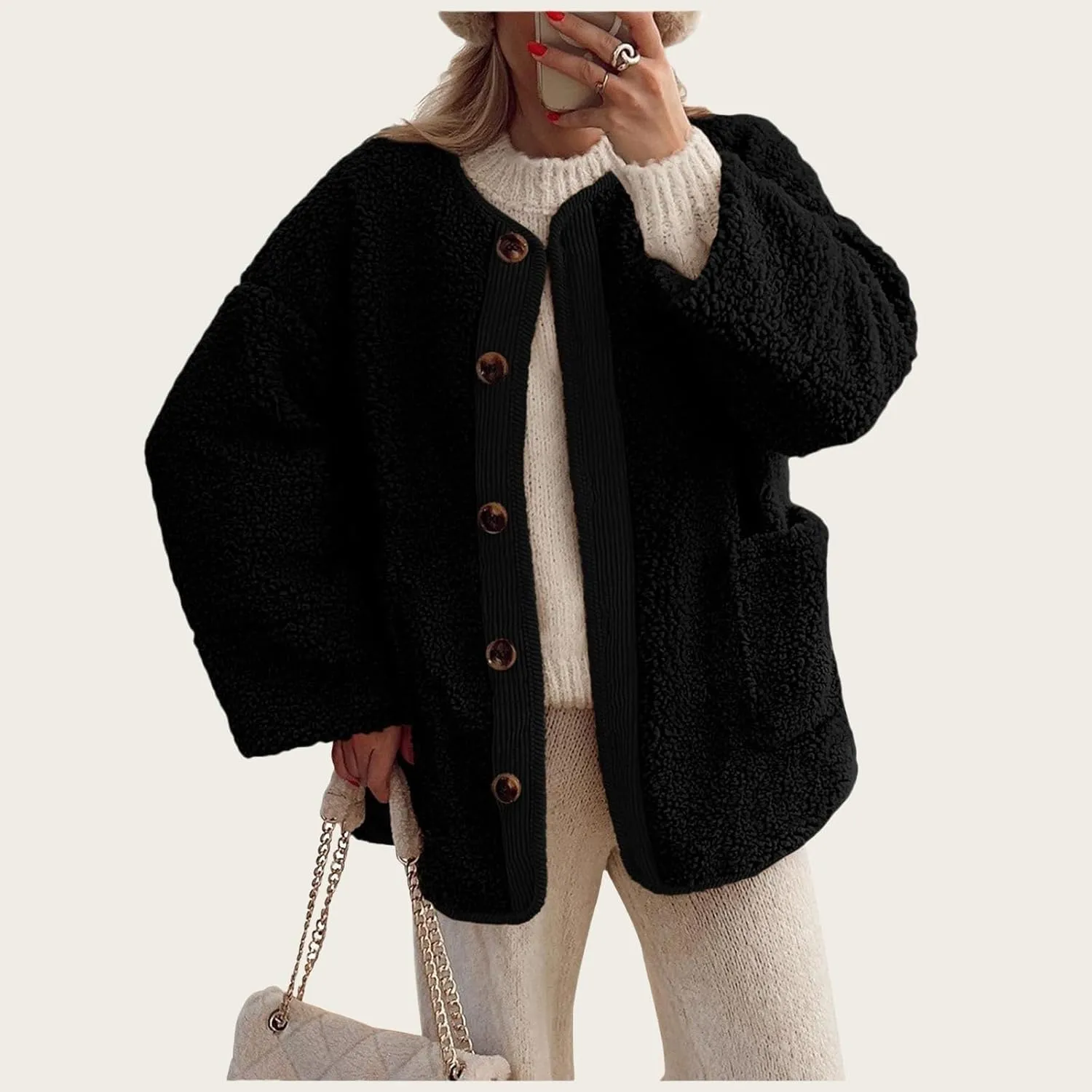 Women's Warm Winter Coats Casual Long Sleeve Button up Fuzzy Sherpa Fleece Jackets Outerwear