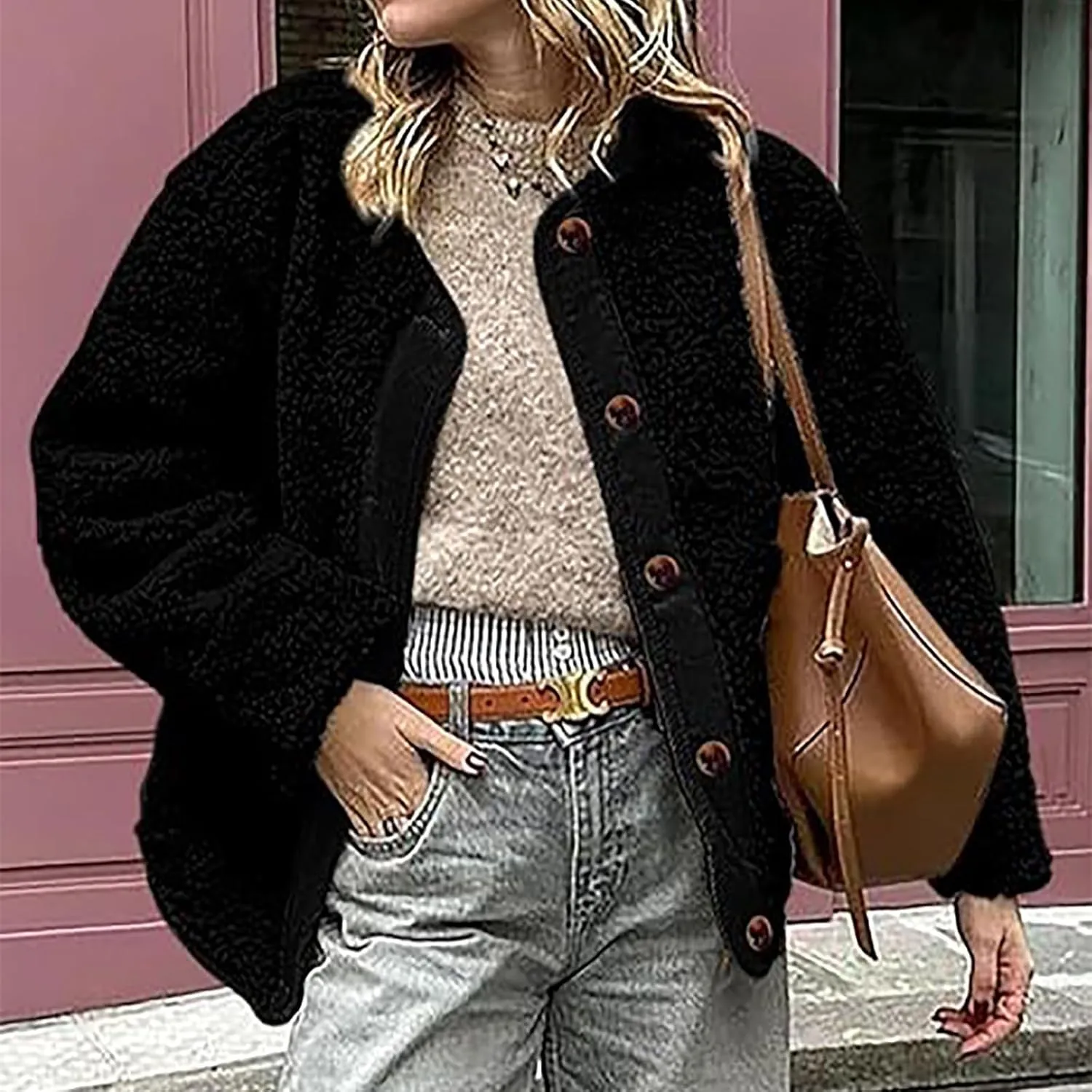 Women's Warm Winter Coats Casual Long Sleeve Button up Fuzzy Sherpa Fleece Jackets Outerwear